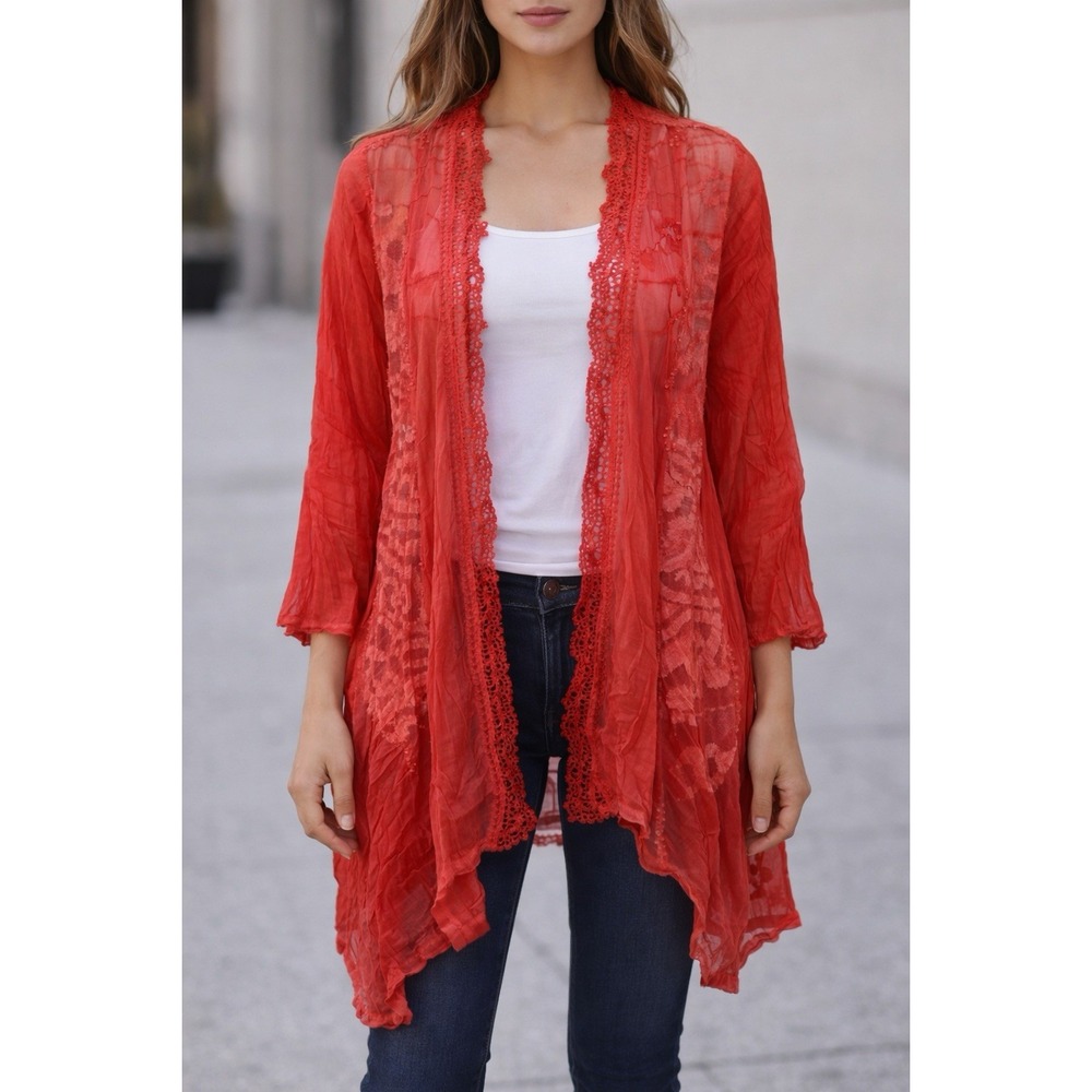 Ania A Vintage Boho Red Lace Mesh Open Front Sharkbite Cardigan Medium
